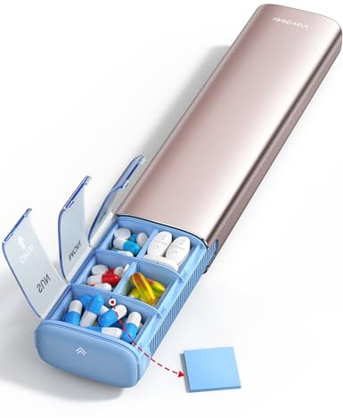 VAYDEER Tablettenbox 7 Tage [EU LFGB-zertifiziert] [Trockensicher] [Kindersicher] [Lichtgeschützt] [Metall] – Große Medikamentenbox Pillendose Pillenbox Tabletten-Organizer morgens & abends (Roségold)