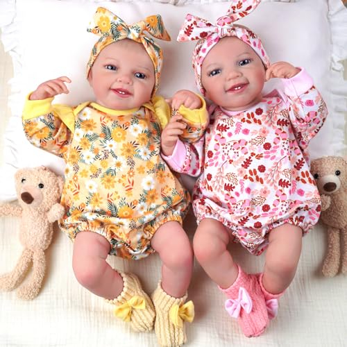 JIZHI Reborn Puppen Zwillinge Mädchen 20 Zoll 50cm Realistische Baby Puppen die echt Aussehen Realistische Neugeborene Baby Weich Body Lebensechte Babys Puppen(Blumen)