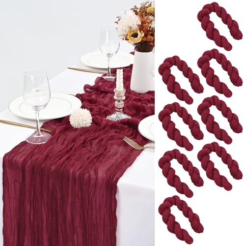 8 Stück Käsetuch Tischläufer Burgunderrot, 90 x 300 cm Seihtuch Tischläufer Waschbares Gaze-Stoff Boho Tischläufer Cheesecloth Tischdekor für Hochzeit Brautparty Empfang Festival im Freien Dekor