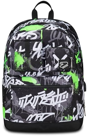 Seven Zaino Scuola Pro Estensibile Pockets The Double, Nero Verde, Zaino Mono Scomparto Con Power Bank Incluso, USB Plug, Tasca Porta PC e Tasca Porta Borraccia, Zaino Medie Superiori, Ragazzo