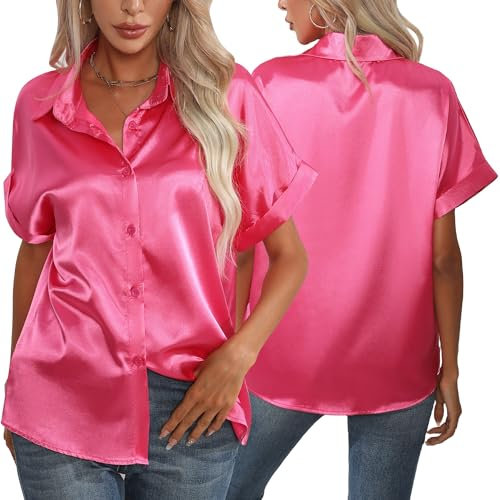 FEOYA Maglietta Estiva Camicia Donna Manica Corta Blusa Raso Elegante T Shirt Top Ufficio Classica Casual M Rosa Rossa