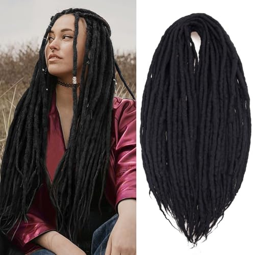 Black Wool Dreadlock Extensions - Handmade Black 22 Inches Double Ended Braid-in Dreads, 15 Strands Hippie Locs DE Ends Stylish Crochet Dreads Extensions