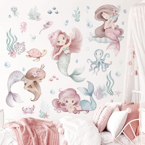 wondever Wandtattoo Meerjungfrau Mädchen Wandaufkleber Unter dem Meer Fisch Seetang Wandsticker Wanddeko für Babyzimmer Schlafzimmer Badezimmer