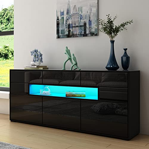 Generic LED Sideboard für Wohnzimmer Hochglanz Buffet Schrank Vitrine 150cm TV Einheit Stand 3 Türen 5 Schubladen TV Lowboard Möbel Schwarz