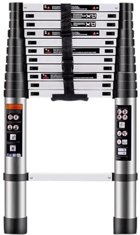 Escalera Plegable Telescópica de Aluminio Multiusos Portátil Extensible - Tamaños: 2m, 2,6m y 3,2m | Fácil Uso y Mecanismo Sencillo | Botón de Bloqueo (3,8 Metros)