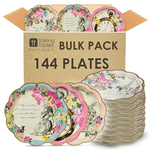 Talking Tables 144 x Alice in Wonderland Themed Bulk Disposable Paper Plates, Supplies for Mad Hatter Tea Party Table Decorations Birthday, Baby Shower, Mother's Day, Pink, Size 8.5’ - 22cm