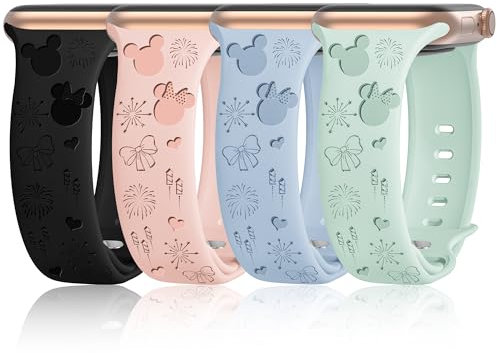 Paquete de 4 correas de silicona grabadas compatibles con Apple Watch Band de 40 mm, 38 mm, 41 mm, 42 mm, 44 mm, 45 mm, 46 mm, 49 mm, correa deportiva de repuesto para iWatch SE Series 11 10 9 8 7 6 5