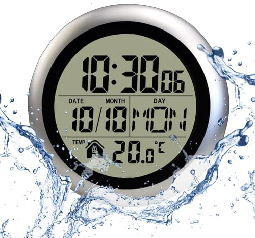 LFGKeng Orologio da parete digitale impermeabile per bagno, con ventosa, cornice in plastica, scelta flessibile da appendere o da appoggiare, moderno e silenzioso, piccolo orologio da parete per