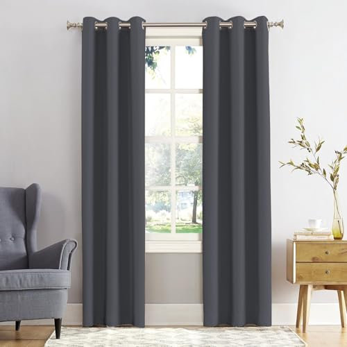 REHAN & CO Blackout Curtains for Bedroom Super Soft Thermal Insulated Black Out Eyelet Curtains with Tie Backs for Living Room, Kitchen Charcoal (W90 x L108 Inch 2 Panels)