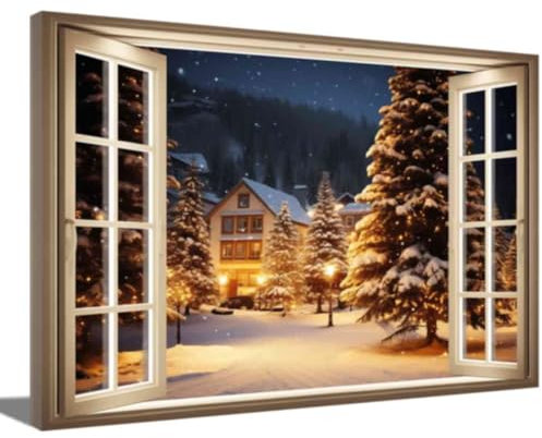 ZQQART Weihnachtslandschaft Leinwand Wanddekoration Weihnachtsbaum im Schnee mit Fensterbild Druck Winterwald Kunst 3D Fensterrahmen Gemälde mit Rahmen (Gold,40x60cm)