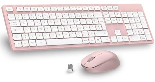 LeadsaiL Kabellose Maus-Tastatur, AZERTY, französisches Tastatur-Set, 2,4 GHz mit USB-Empfänger, volle Größe, 1600 DPI, 12 programmierbare Tasten für PC, Laptop, Windows, Mac – Rosa
