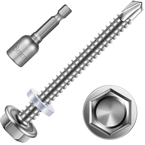 Lot de 25 vis auto-taraudeuses de 6,3 x 75 mm - Vis auto-taraudeuses à tête hexagonale en acier inoxydable - Vis à tôle trapézoïdale avec rondelle d'étanchéité et clé à douille hexagonale
