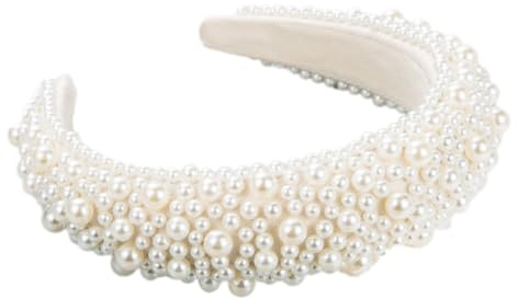 Haarreif Perlen Damen Breit, Kunstperlen Haarreifen Mode Stirnband Kopfschmuck, Hochzeit Haarschmuck Perle Stirnbänder für Frauen Partys Zeremonien Bankette,Weiß