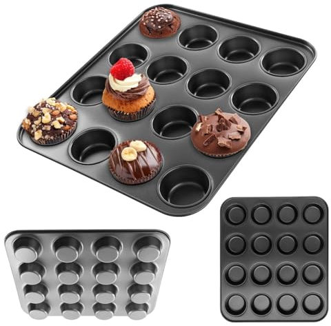KADAX Muffinform 40 x 34 x 4 cm, Backform aus Stahl für 16 Muffins, große Wölbungen, optimale Hitzeverteilung, nicht anbrennbare, Backblech für süße Backwerk