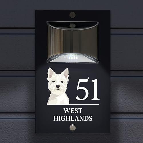 Custom Signs Solar Illuminated Modern Anthracite Grey House Number Sign 24cm x 14.5cm Westhighland Terrier Grey Front Design