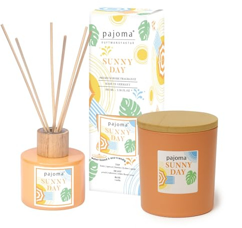 pajoma® Raumduft & Duftkerze Set Sunny Day Raum Diffuser 100 ml & Kerze 140 g im Glas mit Holzdeckel | Sonnige Frische aus Bergamotte, Orange & Citrus | Luxuriöses Geschenk- & Dekoset