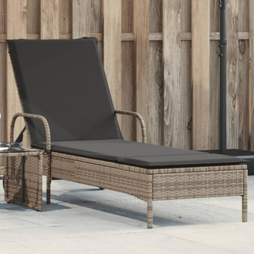 SDWEHO7 Garten Liegestuhl, Sonnenliege aus PE Rattan, Gartenliege mit Rollen & Auflage, wetterfest Chaiselongue, Outdoor Liege für Balkon und Terrasse, Grau