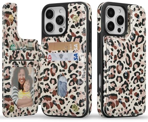ZCDAYE Wallet Case for iPhone 16 Pro Max with Card Holder,PU Leather Card Slots Case Magnetic Clasp Kickstand, Elegant Floral Pattern Flip Shell Women Phone Cover for iPhone 16 Pro Max,Leopard Print