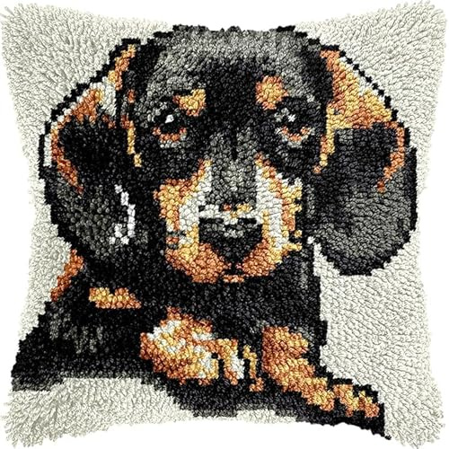 Rqwybcaxn Diy Knüpfkissen Zum Selber Knüpfen Dackel Knüpfhaken-Sets，Cartoon-Tiere，3D-Kissen，Materialien，Paketbezug，Knüpfhaken-Set，Kissen-Stickerei-Set，Bastel-Heimdekoration 43X43Cm