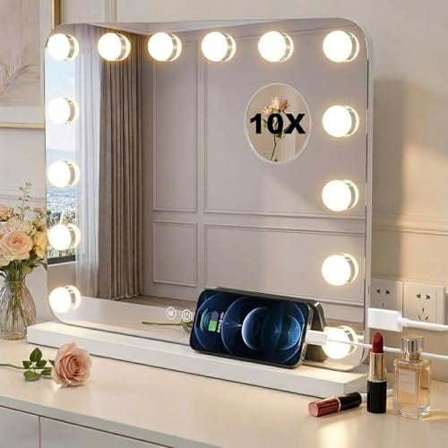 ATEK Hollywood Vanity Mirror with Lights, 58 x 45cm 15 LED Bulbs Mirror | 10x Round Magnifying Mirror, 15 Dimmable LED Bulbs, USB & Type C Output Ports, 3 Lighting Modes, Light Up Vanity Mirror