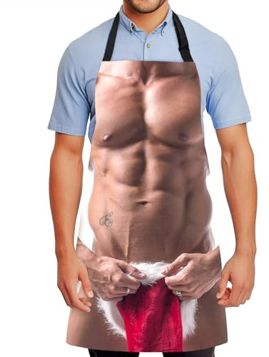 Lustig Kreative Grillschürze mit 3D Muskelmann Geschenk für Männer Papa | Verstellbare Sexy Küchenschürze Wasserdicht Lätzchen Chef Schürzen für Küche Garten Grill Party Weihnachten Freund Herren