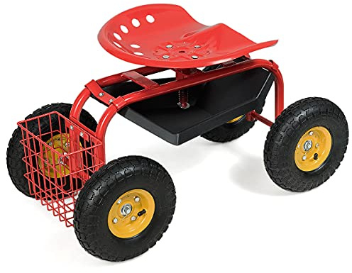 FANTASK Rollsitz mit Ablage Korb, Gartensitz 360°drehbar mit Rollen, Gartenrollsitz höhenverstellbar für Gartenarbeit, Arbeitssitz Gartenwagen Metall (Rot)