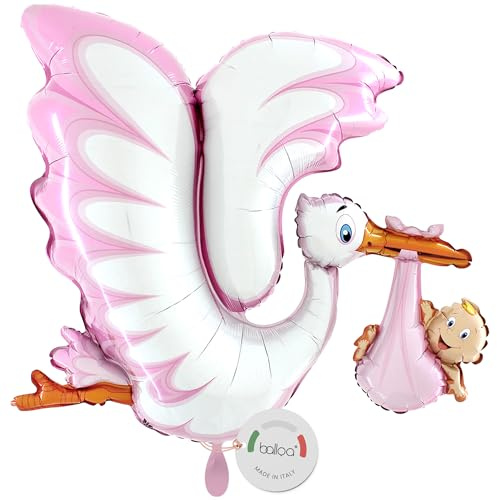 balloa Folienballon Storch mit Baby, XXL Deko zur Geburt Mädchen, 99 cm | Storch mit Baby im rosa Tuch, XXL-Formballon, heliumgeeignet, ungefüllt, symbolische Deko zur Geburt eines Mädchens