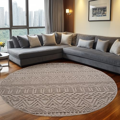 Teppium Teppich Rund 200 cm Beige Vintage Design Bouclé Schlingenflor Skandi Stil Modern Weich Strapazierfähig Pflegeleicht großer runder Teppich für Wohnzimmer Esszimmer Schlafzimmer