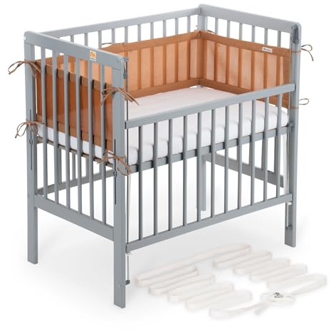 FabiMax Boxspring Baby Beistellbett Flex 90x55, aus Buchenholz grau lackiert, mit innovativem verstellbarem Seitengitter, passend für Boxspringbetten (Matratze Comfort, Braun)