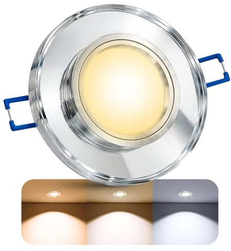 SSC-LUXon ALINA Glas Einbaustrahler rund klar dimmbar 6W 3 Lichtfarben | Dimmbarer Glas-Deckenspot rund klar für Flur, Küche & Wohnzimmer - warmweiß, neutralweiß & kaltweiß, spiegelndes Echtglas