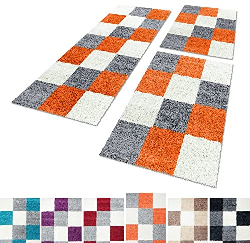 Unbekannt Shaggy Hochflor Teppich Carpet 3TLG Bettumrandung Läufer Set Schlafzimmer Flur, Farbe:Terra, Bettset:2x60x110+1x80x150