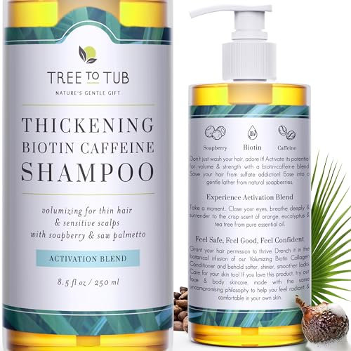 Tree To Tub Biotin Fine Hair Thickening Shampoo for Thicker, Fuller Volume - Gentle Volumizing Sulfate Free Argan Oil Shampoo for Women & Men w/Caffeine, Organic Saw Palmetto, All Natural Tea Tree