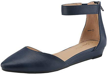 DREAM PAIRS Women's Navy Pu Low Wedge Ankle Strap Flats Shoes, Amiga, Size 8.5 M US /6.5 UK