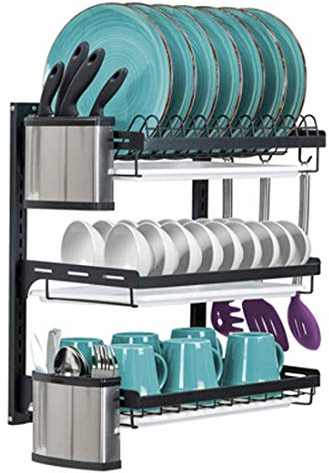 uyoyous Escurreplatos de acero inoxidable de 3 niveles, para montar en pared, soporte para tabla de cortar/escurrecubiertos, color negro