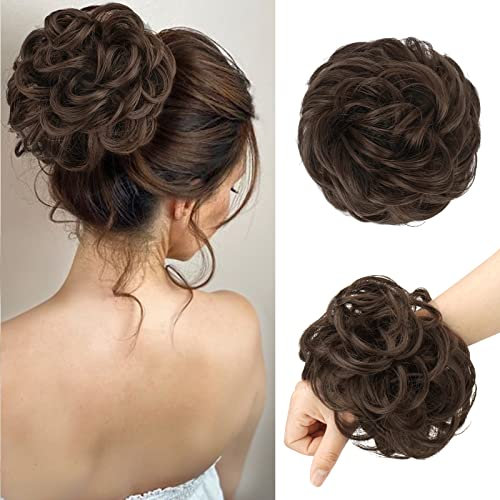 FESHFEN Haarteil Mit Gummiband, Groß Dutt Haarteil Haargummi Mit Haaren Gelockt Haardutt Synthetisch Haarverlängerung Pferdeschwanz Haarteile für Damen Mädchen, Mittleres Kastanienbraun 55g