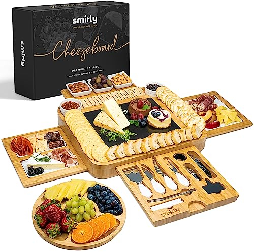 SMIRLY Juego de tablas de charcutería, juego de tablas de queso de bambú grandes, regalos de inauguración de la casa, regalo de boda para pareja, regalo de despedida de soltera, regalos de cumpleaños