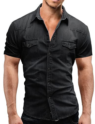 Men Denim Thin Shirt Short Sleeve Soft Cotton Two Pockets Slim Slight Elastic Jeans Cowboy Shirt (black,Large)