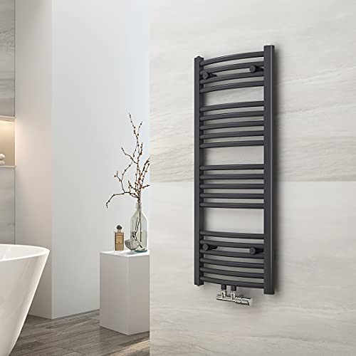 EMKE Handtuchheizkörper Gebogen Handtuchtrockner 100x40 cm für Warmwasser Badheizkörper Mittelanschluss oder Seitenanschluss Handtuchwärmer (Anthrazit)