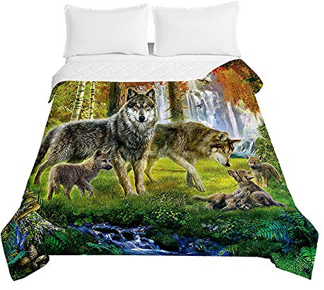 Chickw1 Couvre Lit Matelassé, 3D Loup Imprimé Dessus de Lits Hiver Été Couvre-Lits Microfiber Dessus de Lit Gaufrée Couverture de Lit pour Lit 1-2 Personnes (Loup de la forêt,150x200cm)