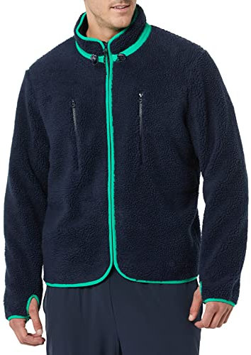 Amazon Essentials Giacca con Cerniera Integrale, Collo a Lupetto e Tasche sul Petto in Pile Teddy Uomo, Blu Marino Scuro, L