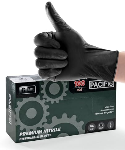 PACIFIC 6-mil Black Nitrile Disposable Gloves, Food-Safe, Powder-Free, Cleaning, Textured Fingertips, Latex-Free, Large