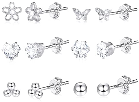 Silber 925 Ohrstecker Kleine Ohrringe Set Damen, 6 Paar Multipack Sterling Silber Ohrstecker Knorpel Set Ohrringe Kleine Silber Glitz Kugel Schmetterling Damen Mädchen Kind für Mehrere Ohrlöcher