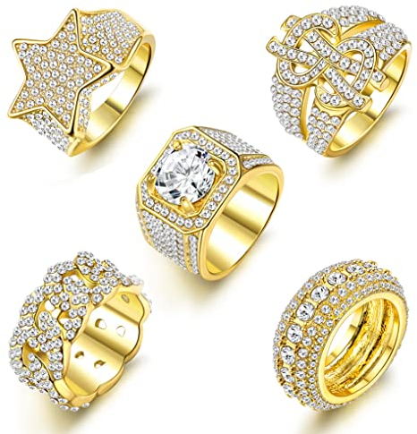 Kakonia Herren Iced Out Ring 14 Karat vergoldeter Bling Pinky Ring Iced Out Premium Diamant CZ Stern US Dollarzeichen Cuban Link Punky Rappers Ring für Männer Verlobung Hip Hop Schmuck