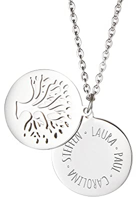 Gravado Mondgold Kette aus Edelstahl mit Kreis und Lebensbaum, Personalisiert mit Namen, inkl. Geschenkbox, Damen Schmuck, Länge ca. 55 cm