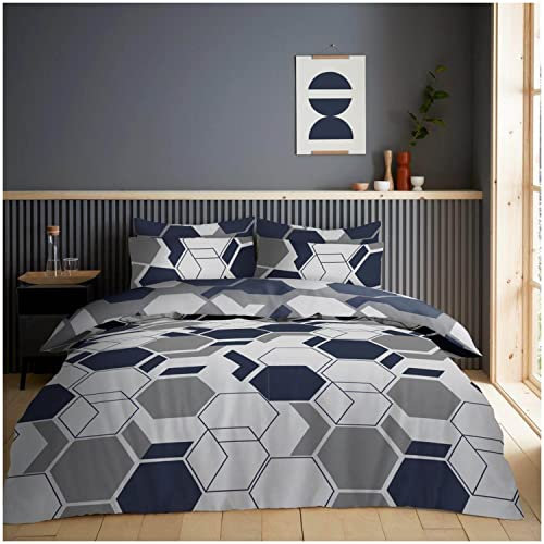 Super Dreamer Set di biancheria da letto matrimoniale con motivo geometrico, reversibile, stampato, completo di lenzuolo con angoli e federe, blu navy/grigio