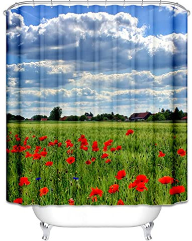 EHOMERY Cortinas para El Baño Cortina Ducha Exterior Casa De Campo Campo Verde Flor Baño Cortina Cortina De Ducha Moderna Polyester Ojales De Acero Inoxidable Y 12 Ganchos, 180X180Cm