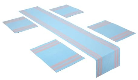 Encasa XO Tischläufer und Platzset Set 4 | Feingerippte Baumwolle | Leiter blau | 1 Tischläufer Größe 32x137 cm & Jede Tischmatte Größe 48x32 cm