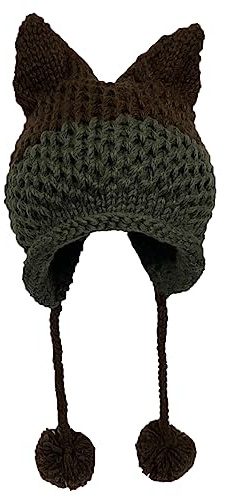 BOMHCS Fox Cat Ears Gehäkelte Beanie Mütze Ohrenschützer Caps Ohrenklappen Pompon Bälle Warm