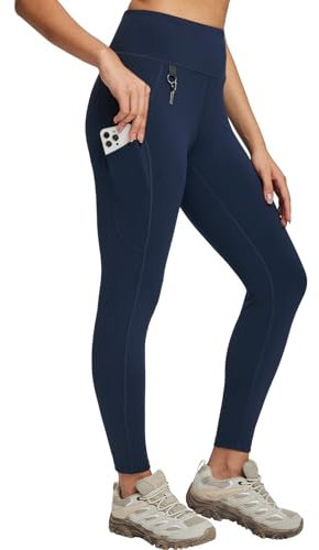 baleaf Damen Wanderleggings mit 3 Taschen Wanderhose Trekkinghose Sport Leggings High Waist Schnelltrocknend UPF 50+ Marineblau L