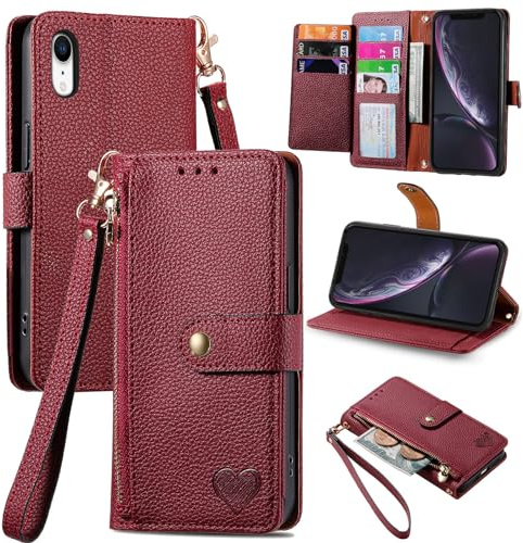 VEEMOS Zipper Wallet Case for Apple iPhone XR Phone Case with Purse Card Holders RFID Blocking Leather Flip Case Book Cover Wrist Strap Women - Red